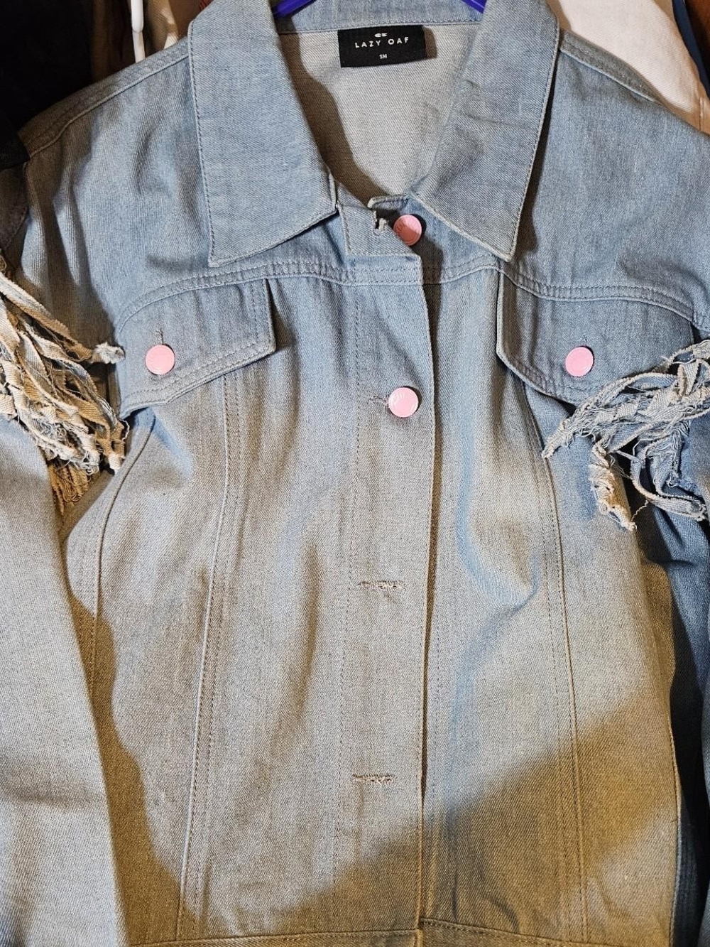 Lazy Oaf Light Blue Denim Jacket with Pink Buttons